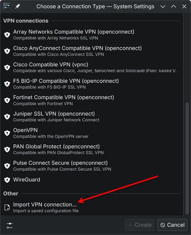 导入 VPN 配置文件对话框