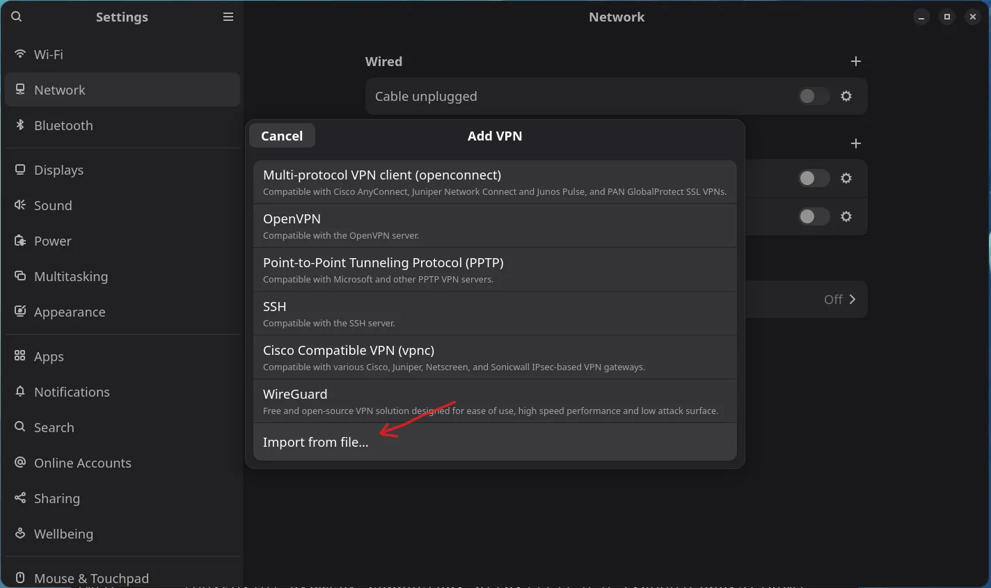 GNOME 中的导入 VPN 配置文件对话框