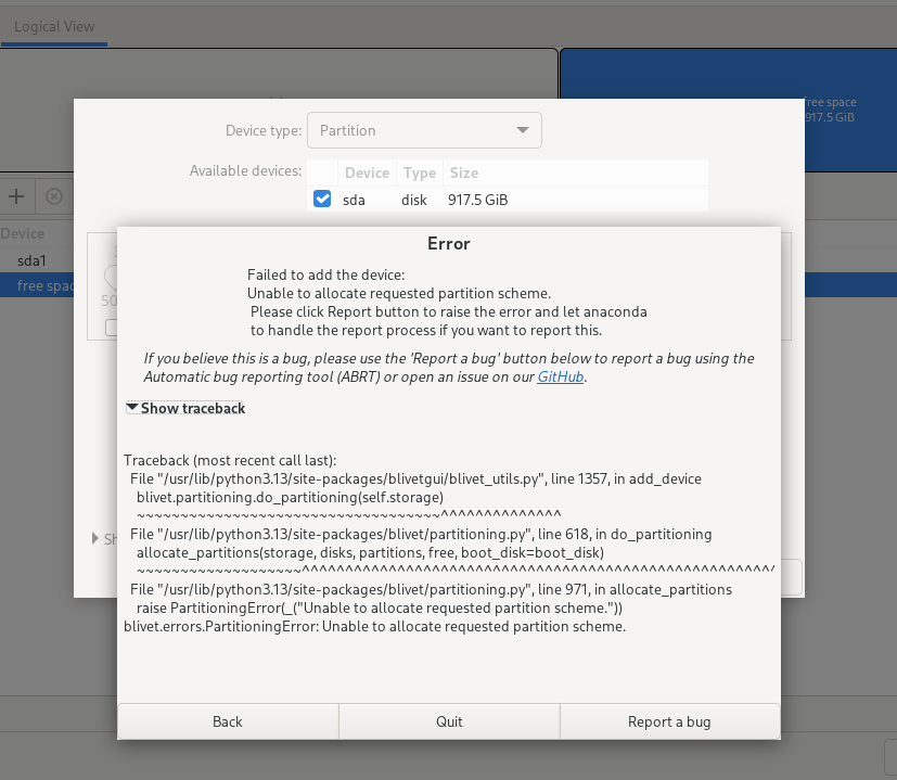 Unable to allocation requested partition scheme